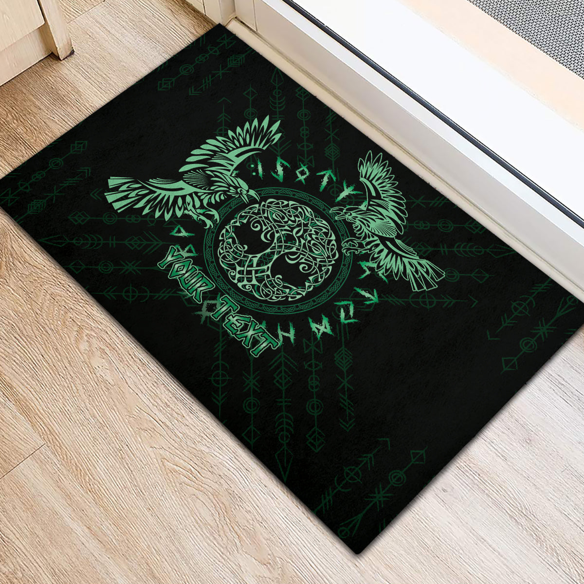 Personalized Odin's Celtic Raven Rubber Doormat Green Scandinavian Tattoo - Wonder Print Shop