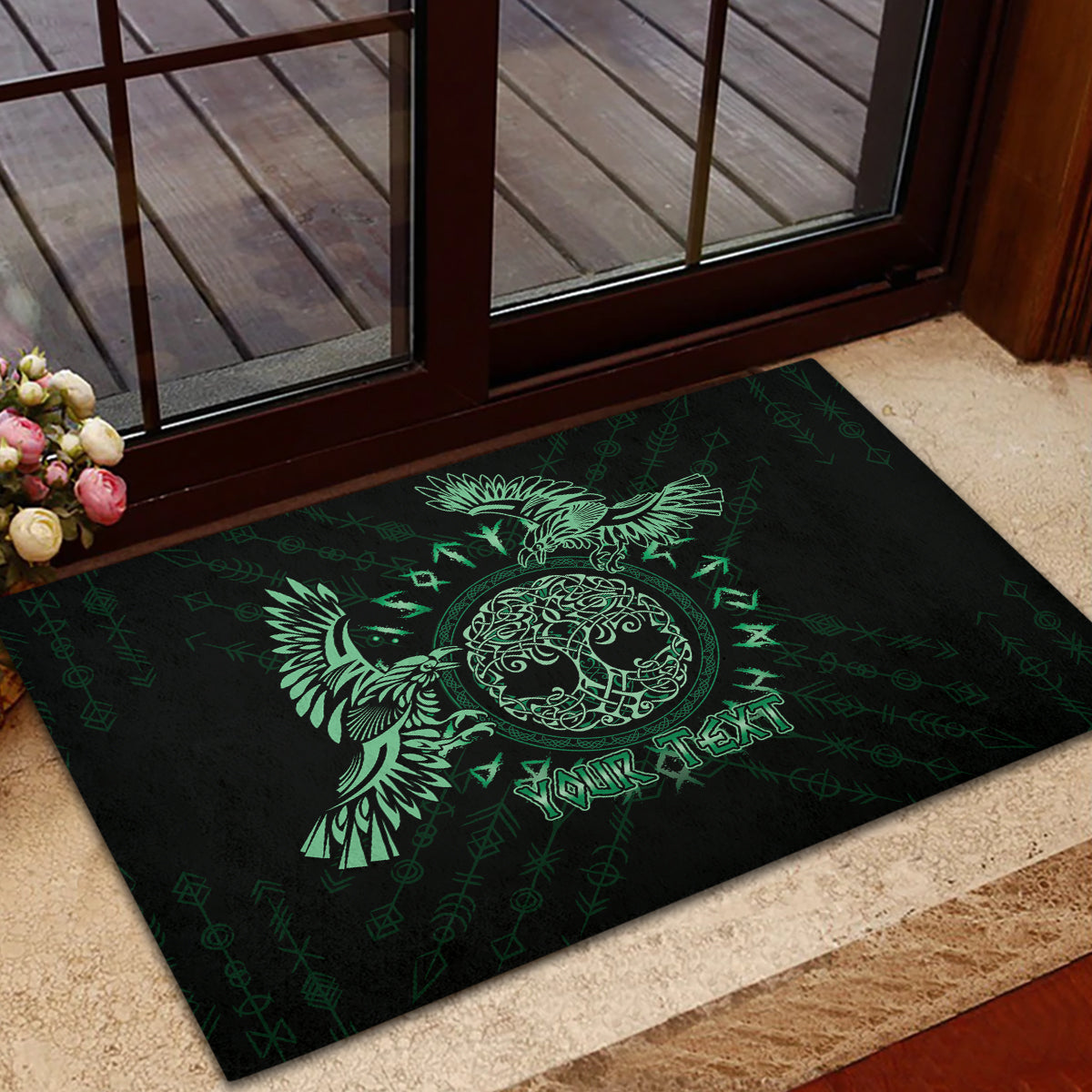 Personalized Odin's Celtic Raven Rubber Doormat Green Scandinavian Tattoo - Wonder Print Shop