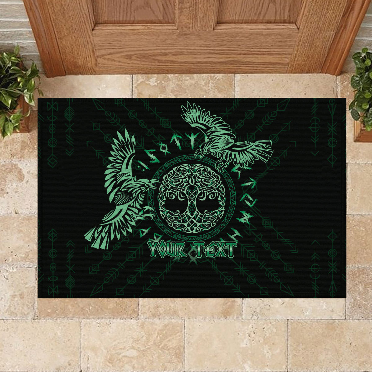 Personalized Odin's Celtic Raven Rubber Doormat Green Scandinavian Tattoo - Wonder Print Shop