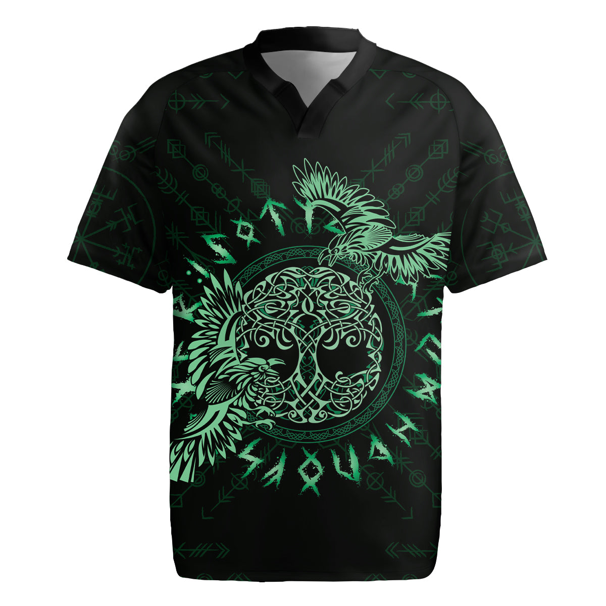 Personalized Odin's Celtic Raven Rugby Jersey Green Scandinavian Tattoo - Wonder Print Shop