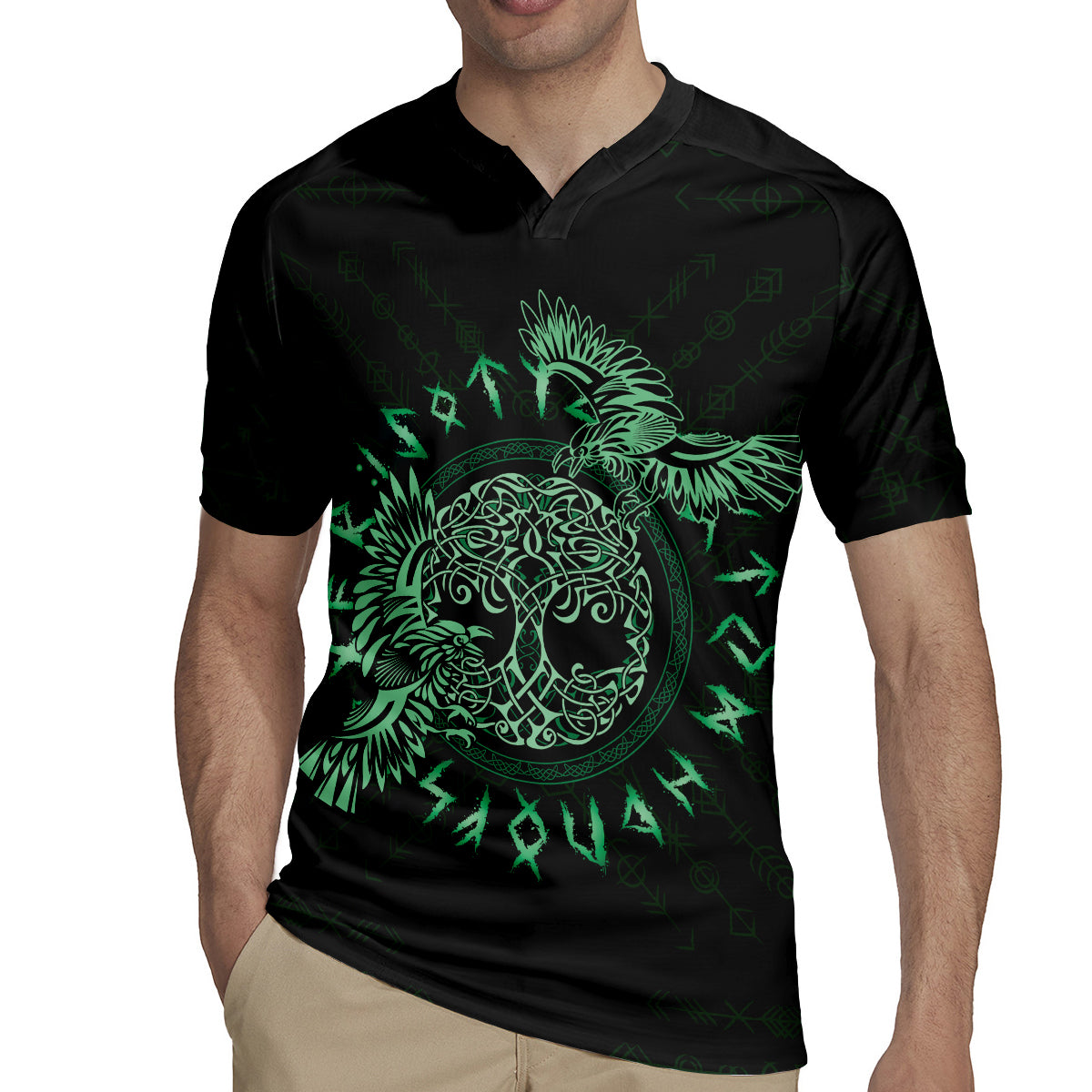 Personalized Odin's Celtic Raven Rugby Jersey Green Scandinavian Tattoo - Wonder Print Shop