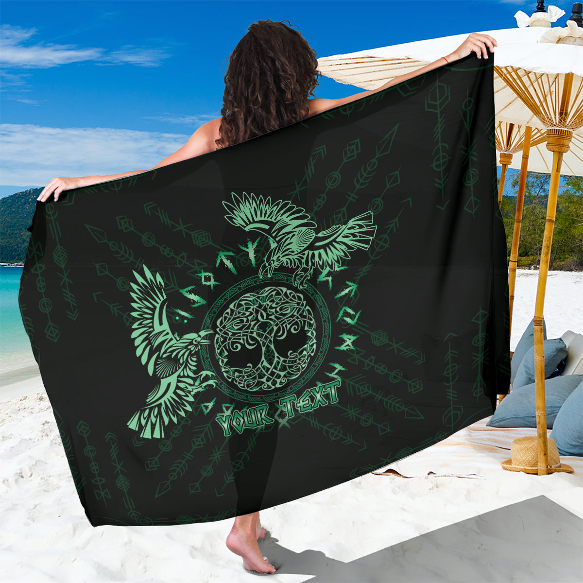 Personalized Odin's Celtic Raven Sarong Green Scandinavian Tattoo - Wonder Print Shop