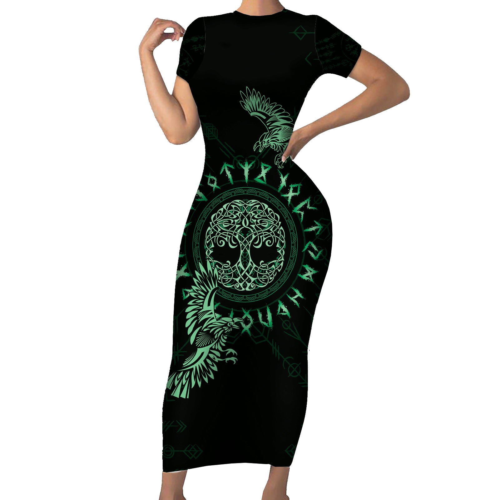 Personalized Odin's Celtic Raven Short Sleeve Bodycon Dress Green Scandinavian Tattoo - Wonder Print Shop