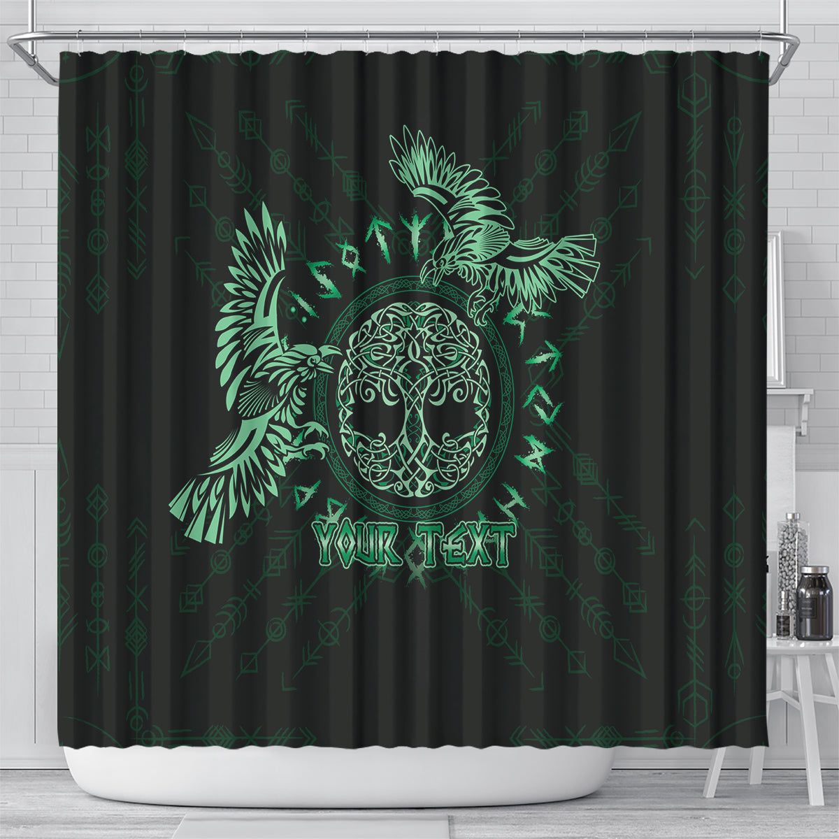 Personalized Odin's Celtic Raven Shower Curtain Green Scandinavian Tattoo