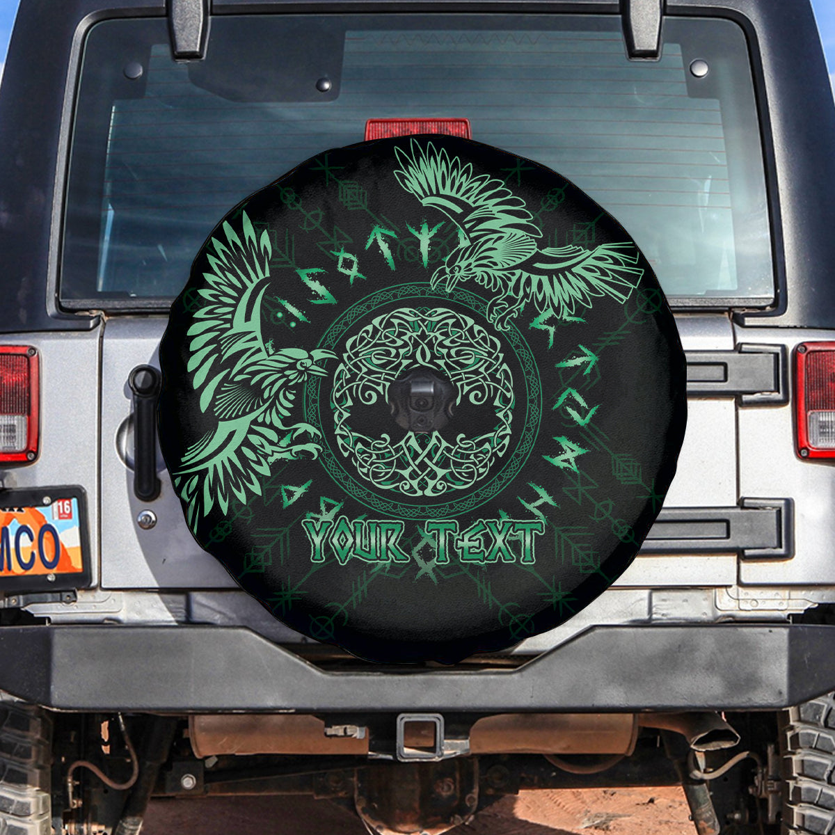 Personalized Odin's Celtic Raven Spare Tire Cover Green Scandinavian Tattoo - Wonder Print Shop