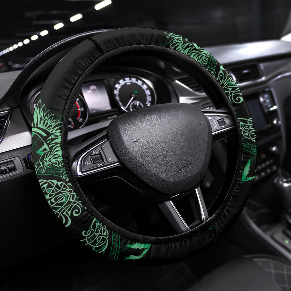 Odin's Celtic Raven Steering Wheel Cover Green Scandinavian Tattoo - Wonder Print Shop