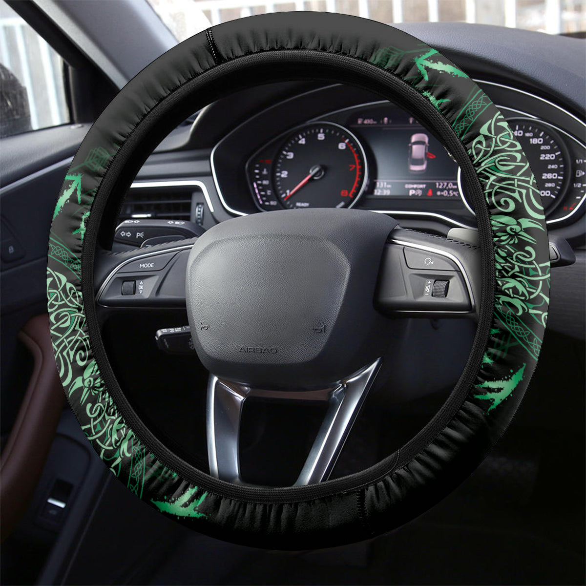 Odin's Celtic Raven Steering Wheel Cover Green Scandinavian Tattoo - Wonder Print Shop