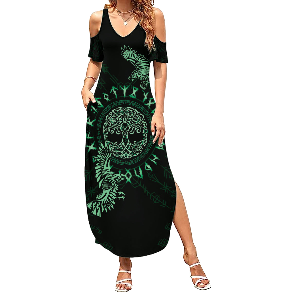 Personalized Odin's Celtic Raven Summer Maxi Dress Green Scandinavian Tattoo - Wonder Print Shop