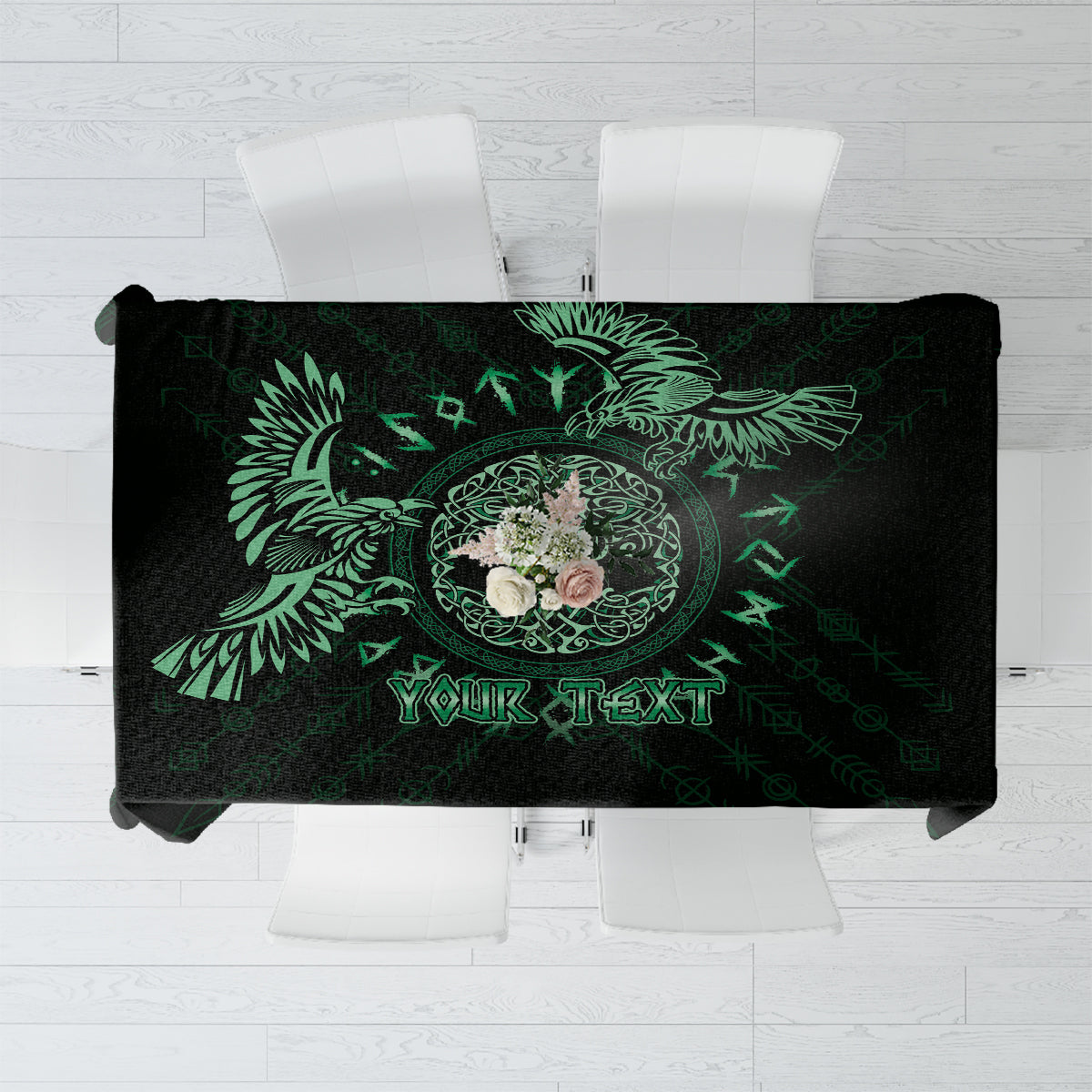 Personalized Odin's Celtic Raven Tablecloth Green Scandinavian Tattoo - Wonder Print Shop