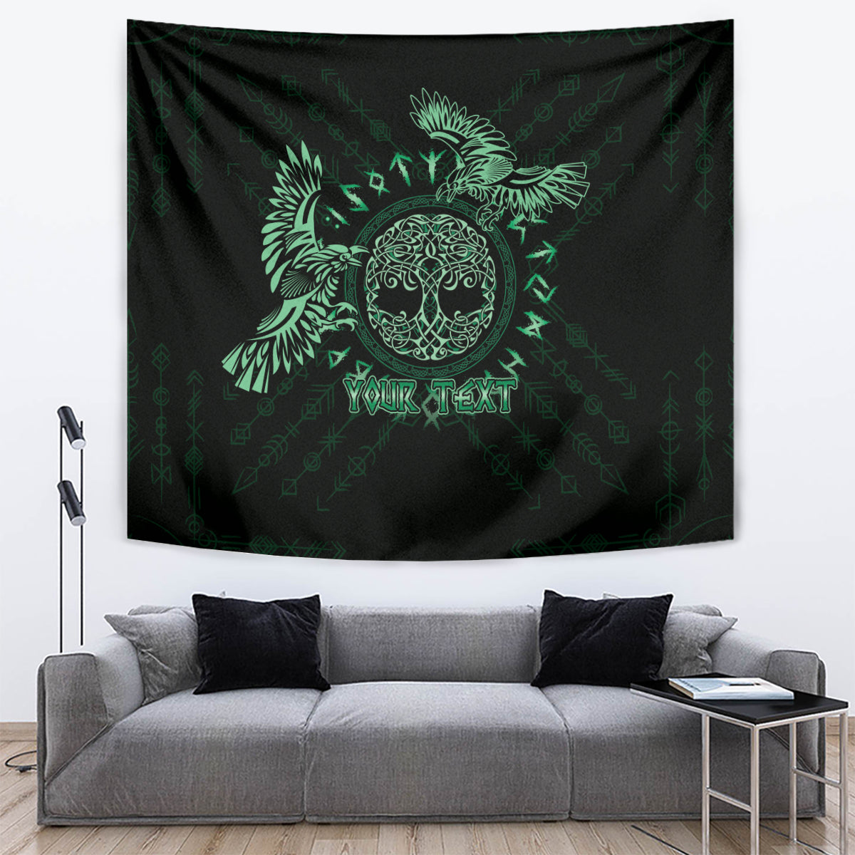 Personalized Odin's Celtic Raven Tapestry Green Scandinavian Tattoo - Wonder Print Shop