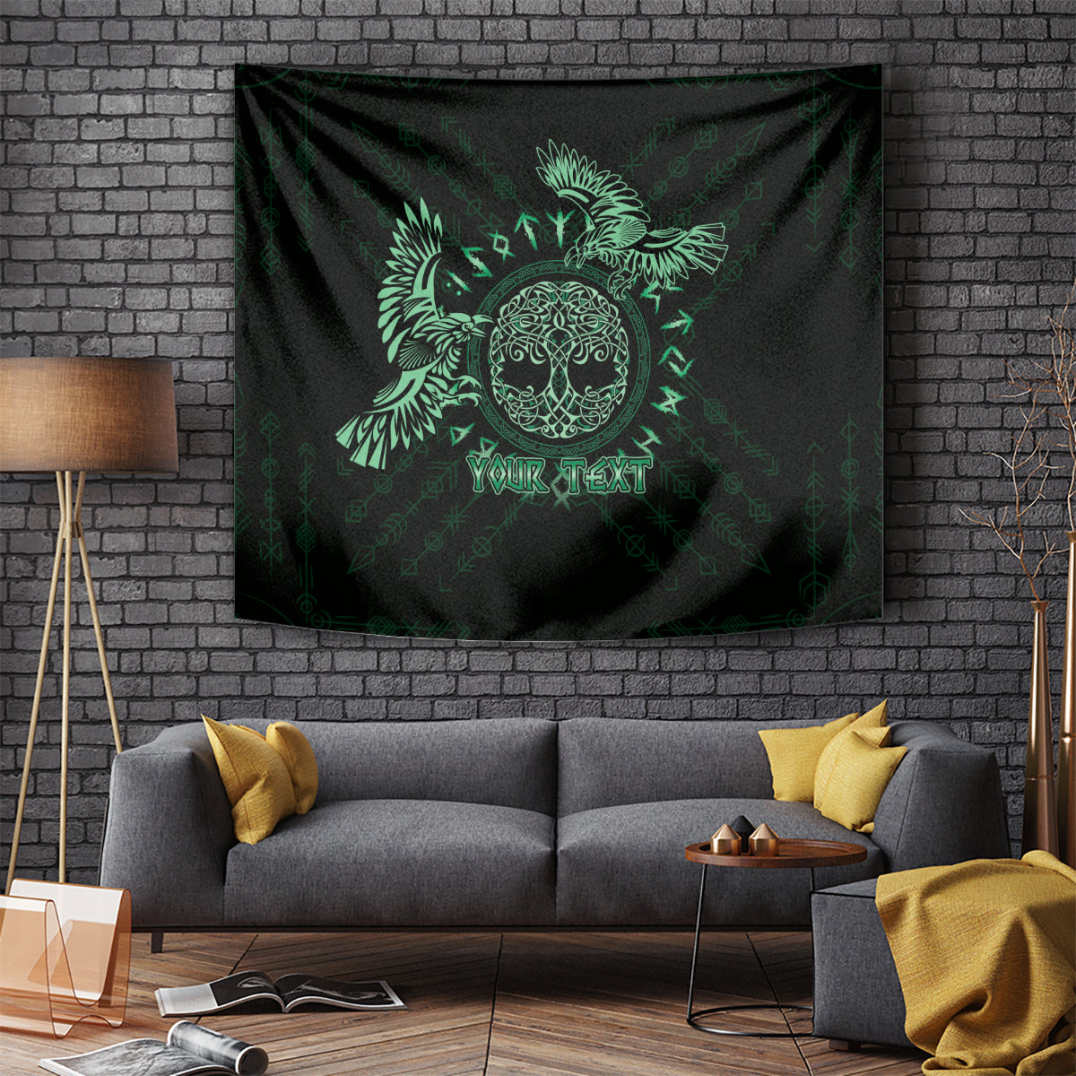 Personalized Odin's Celtic Raven Tapestry Green Scandinavian Tattoo - Wonder Print Shop