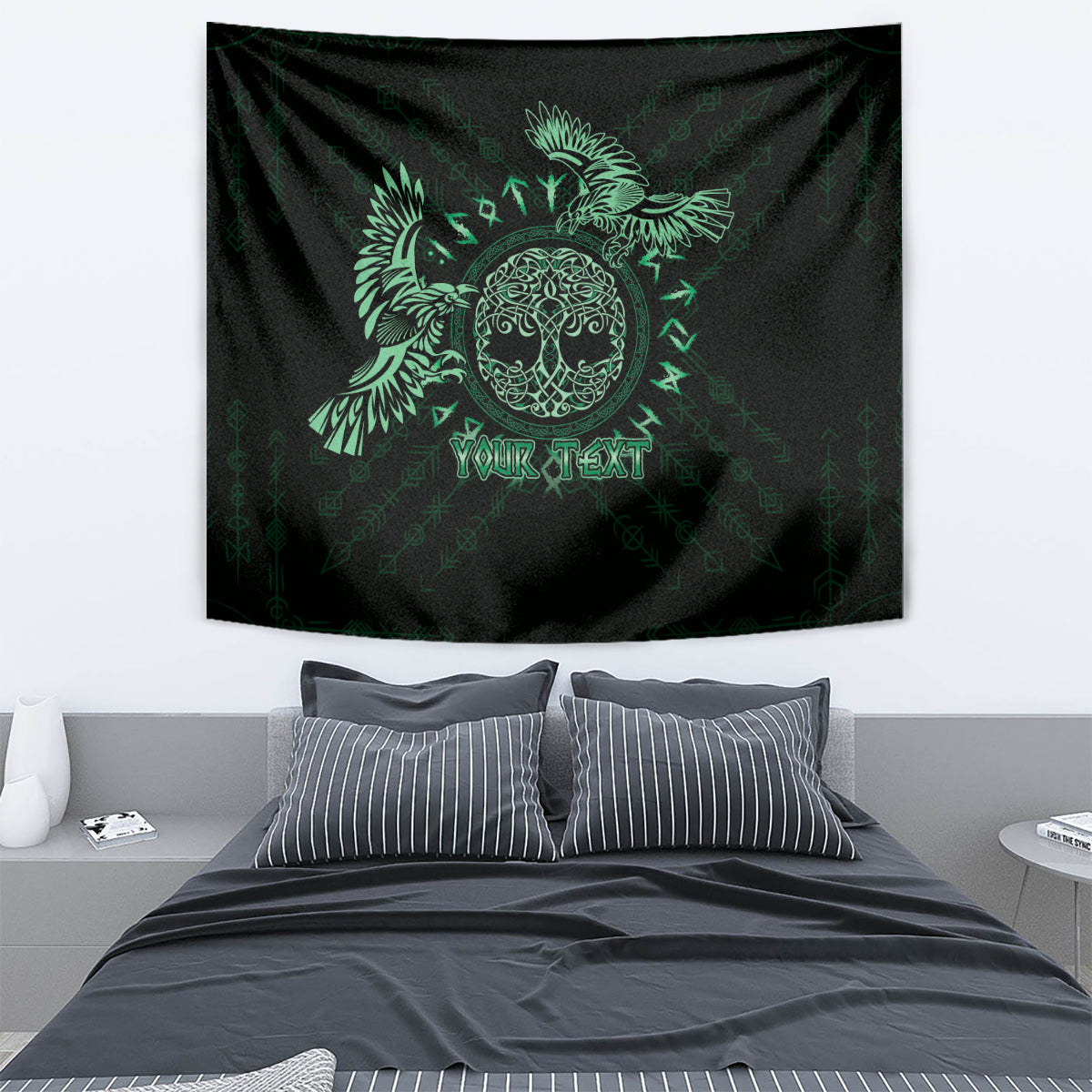 Personalized Odin's Celtic Raven Tapestry Green Scandinavian Tattoo - Wonder Print Shop