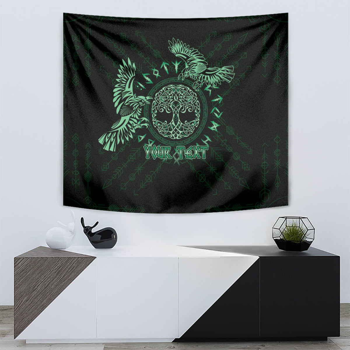Personalized Odin's Celtic Raven Tapestry Green Scandinavian Tattoo - Wonder Print Shop