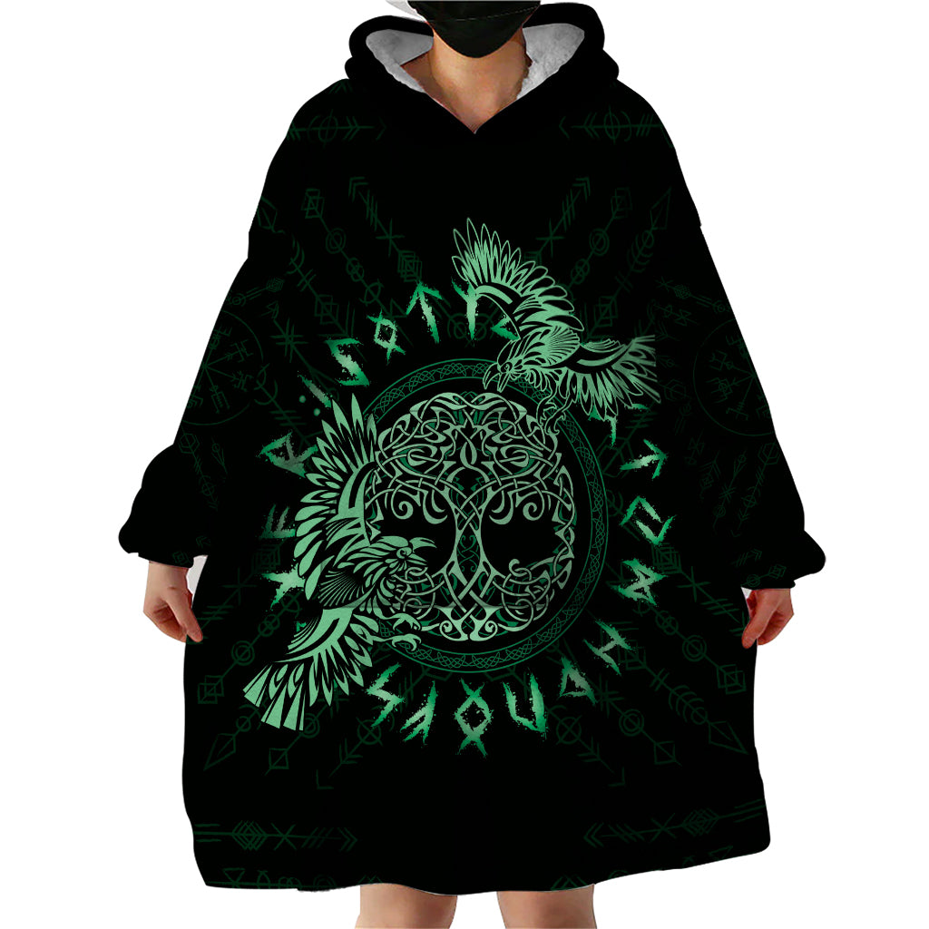 Personalized Odin's Celtic Raven Wearable Blanket Hoodie Green Scandinavian Tattoo - Wonder Print Shop
