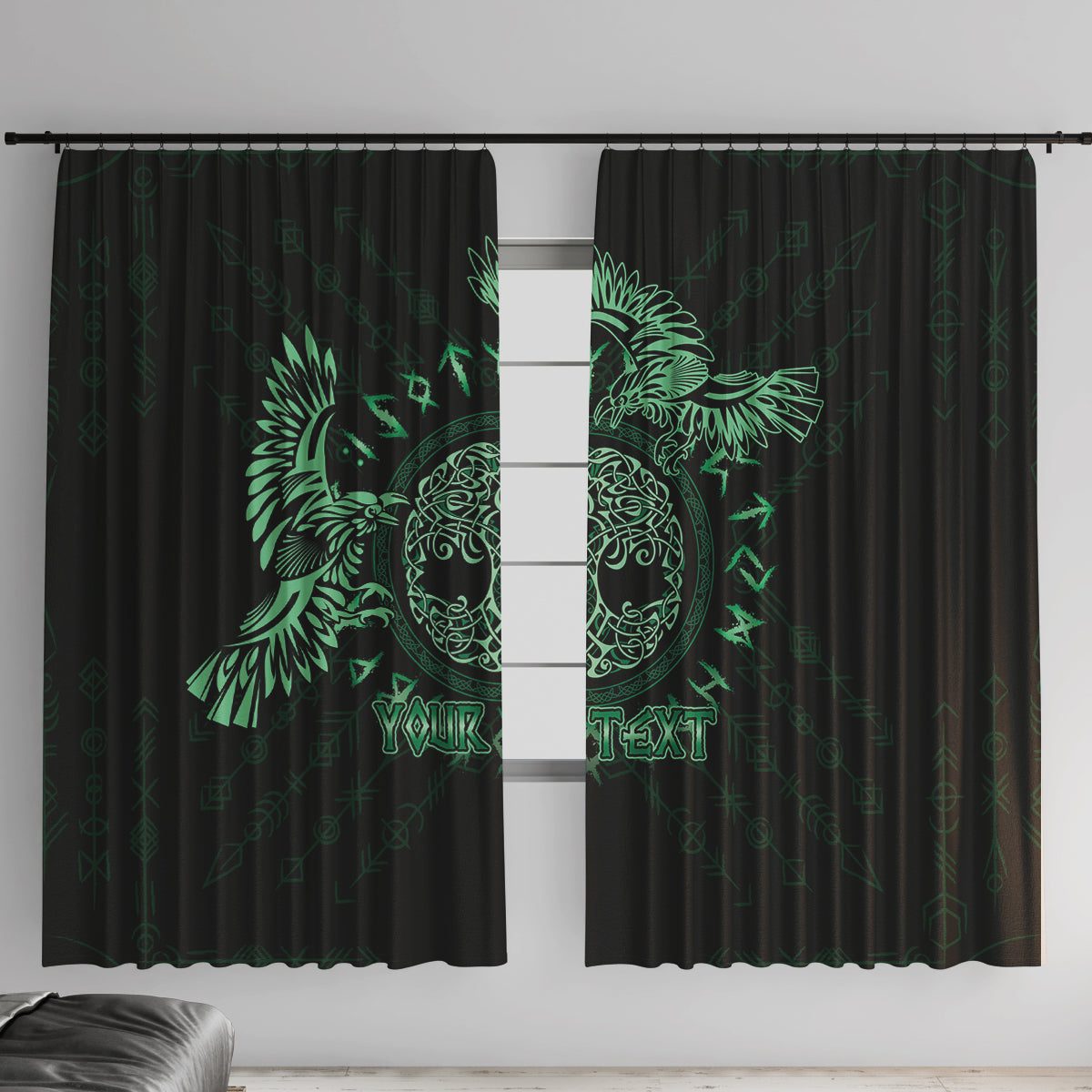 Personalized Odin's Celtic Raven Window Curtain Green Scandinavian Tattoo - Wonder Print Shop