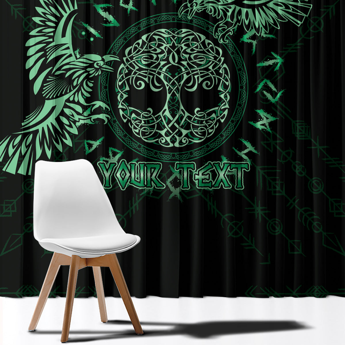 Personalized Odin's Celtic Raven Window Curtain Green Scandinavian Tattoo - Wonder Print Shop