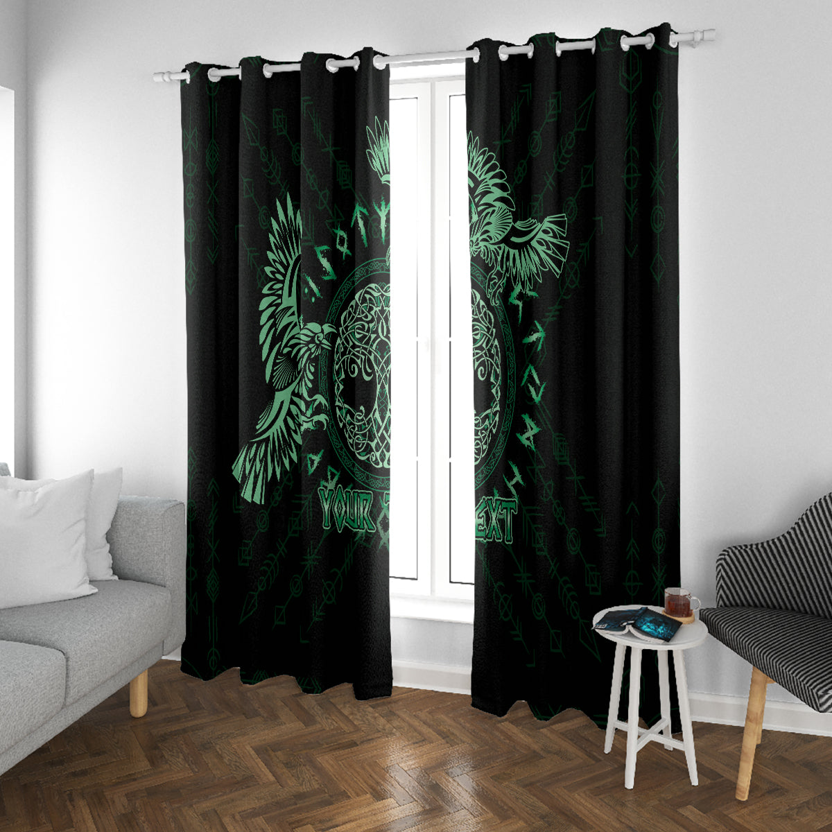 Personalized Odin's Celtic Raven Window Curtain Green Scandinavian Tattoo - Wonder Print Shop