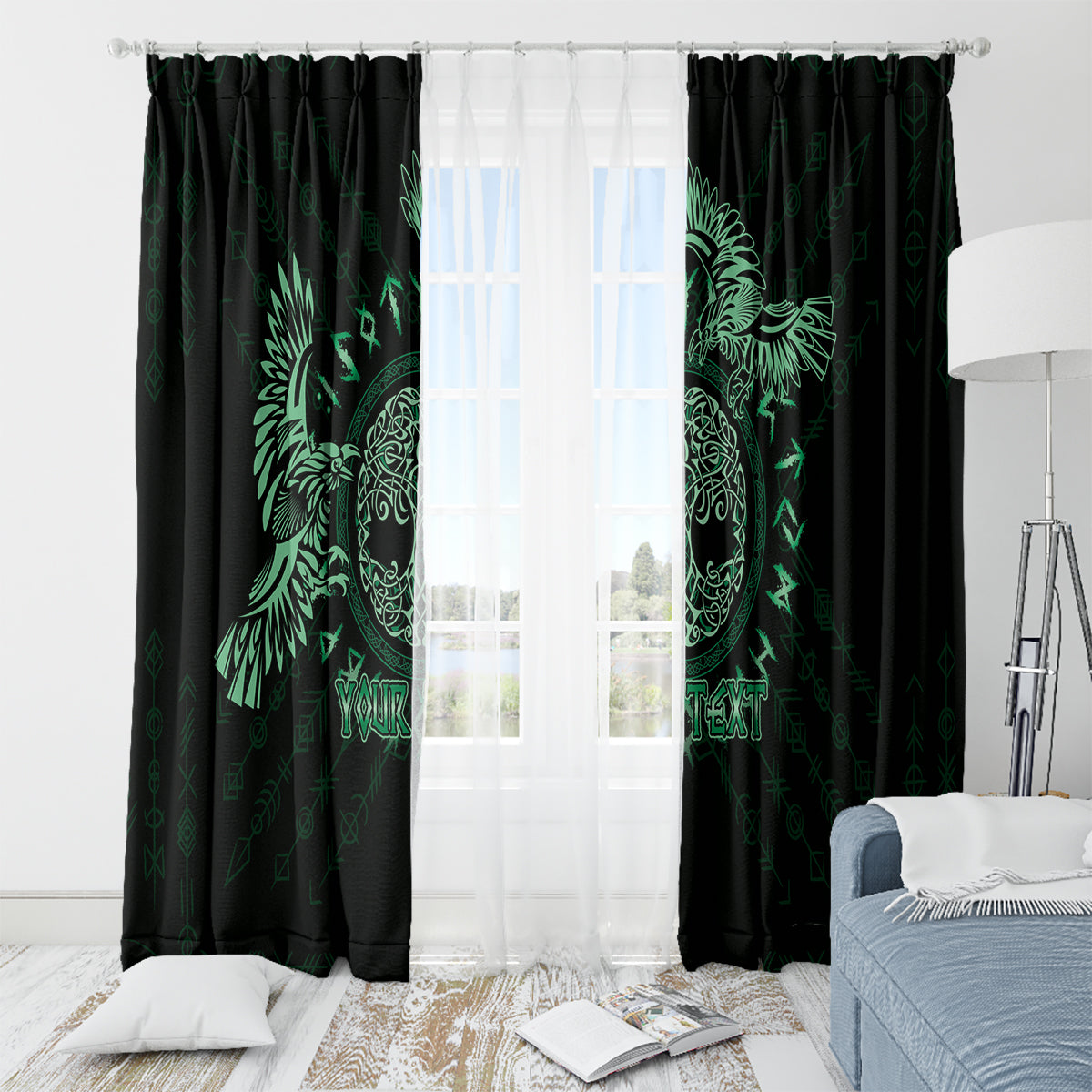 Personalized Odin's Celtic Raven Window Curtain Green Scandinavian Tattoo - Wonder Print Shop
