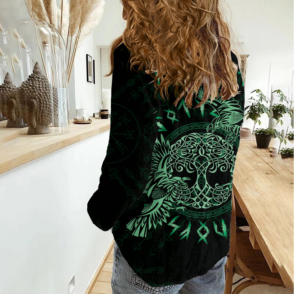 Personalized Odin's Celtic Raven Women Casual Shirt Green Scandinavian Tattoo - Wonder Print Shop