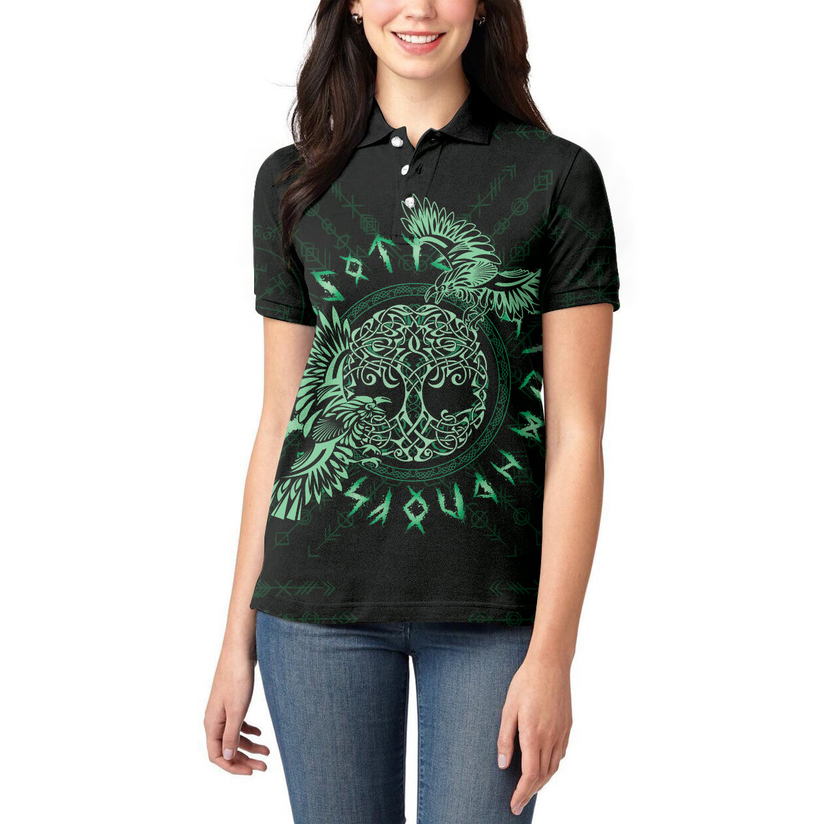 Personalized Odin's Celtic Raven Women Polo Shirt Green Scandinavian Tattoo - Wonder Print Shop