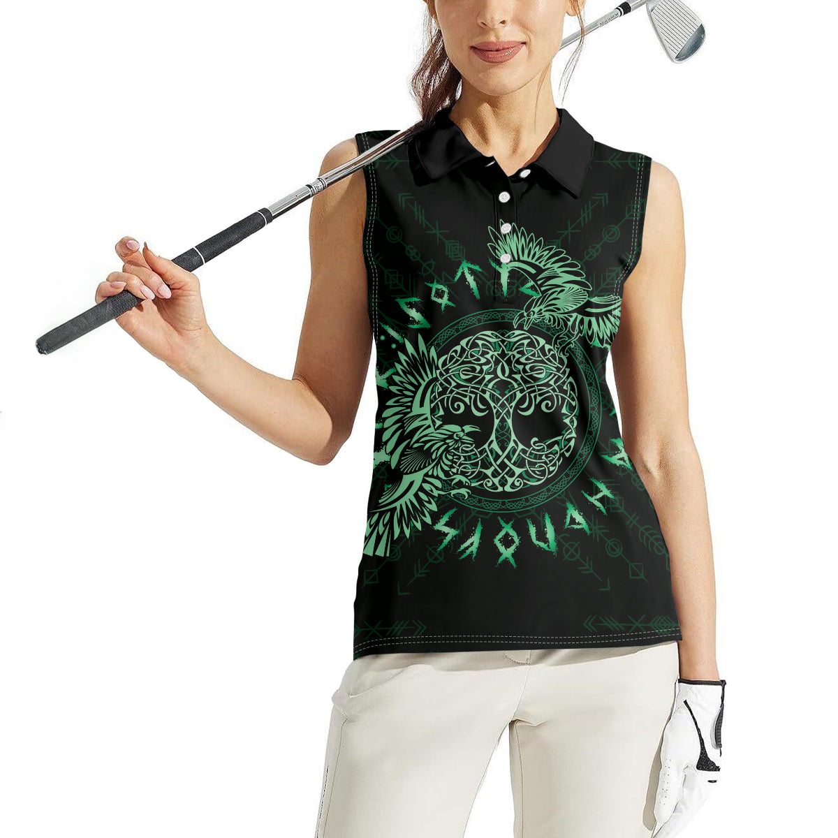 Personalized Odin's Celtic Raven Women Sleeveless Polo Shirt Green Scandinavian Tattoo - Wonder Print Shop