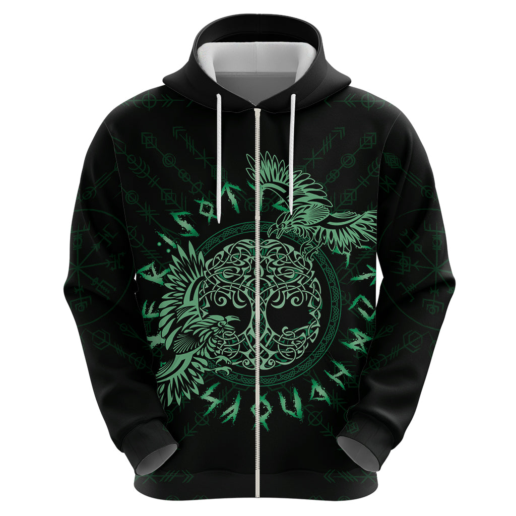 Personalized Odin's Celtic Raven Zip Hoodie Green Scandinavian Tattoo - Wonder Print Shop