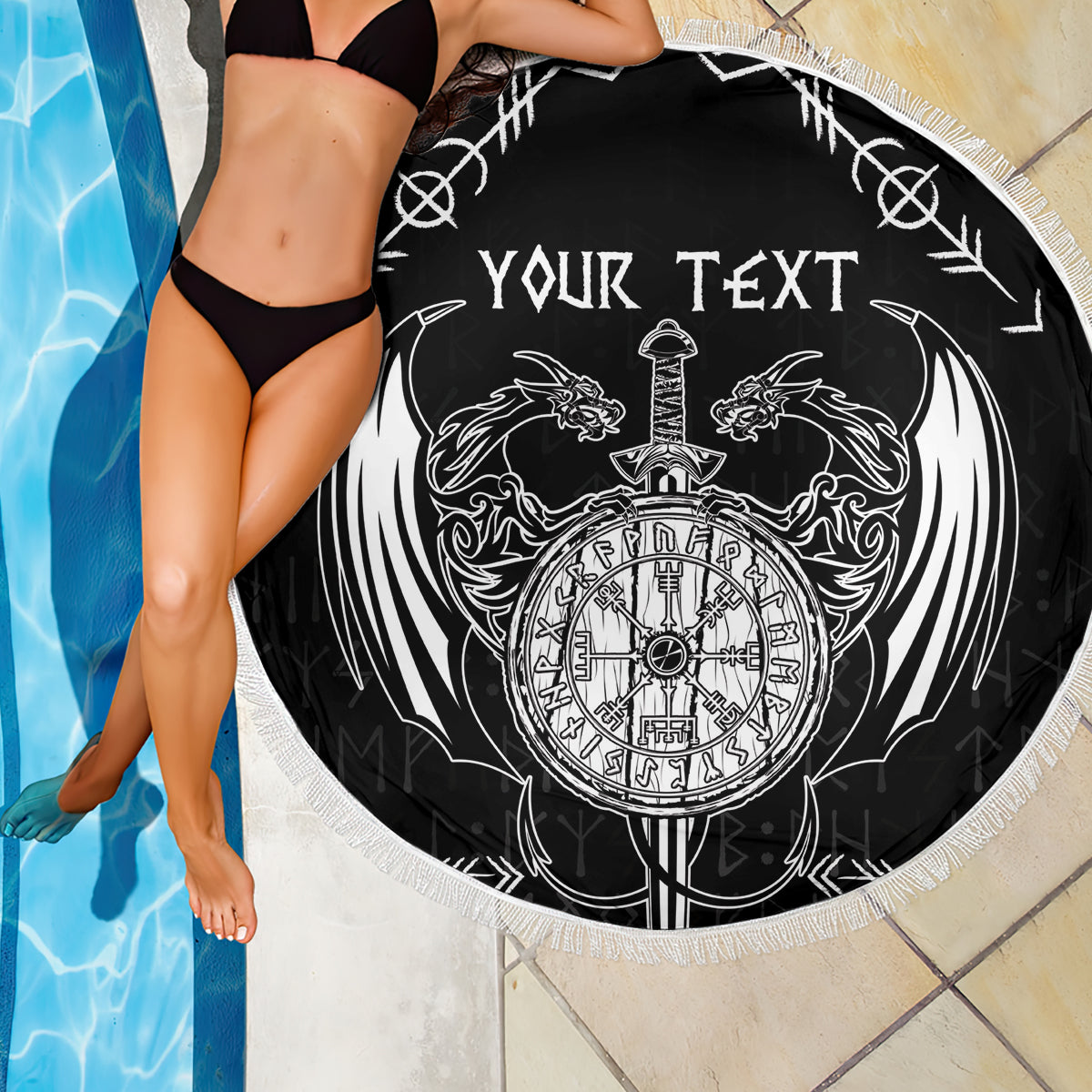 Personalized Viking Dragon Beach Blanket with Sword Black Scandinavian Tattoo LT9 - Wonder Print Shop