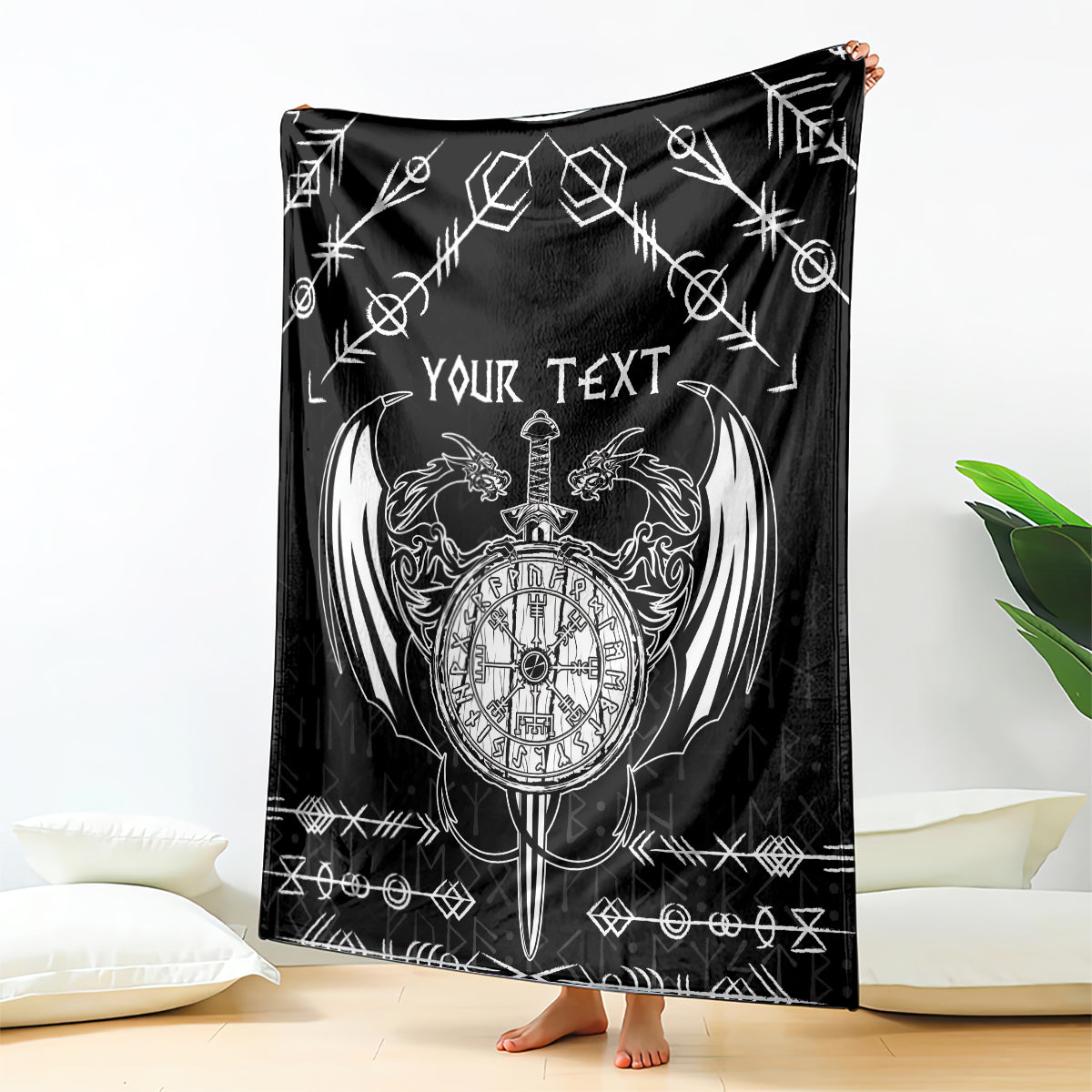 Personalized Viking Dragon Blanket with Sword Black Scandinavian Tattoo