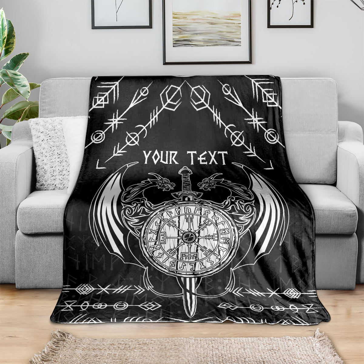 Personalized Viking Dragon Blanket with Sword Black Scandinavian Tattoo