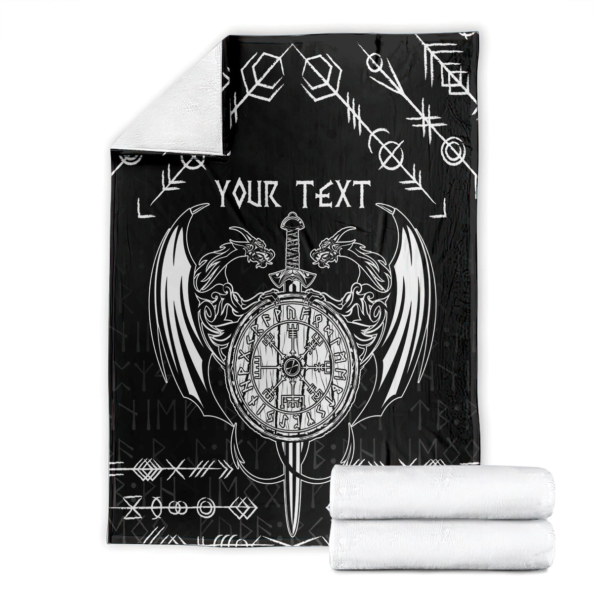 Personalized Viking Dragon Blanket with Sword Black Scandinavian Tattoo