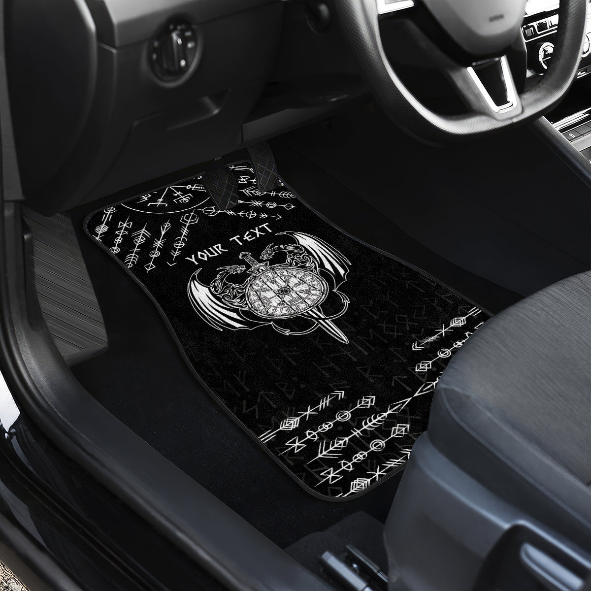 Personalized Viking Dragon Car Mats with Sword Black Scandinavian Tattoo LT9 - Wonder Print Shop