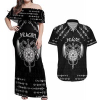 Personalized Viking Dragon Couples Matching Off Shoulder Maxi Dress and Hawaiian Shirt with Sword Black Scandinavian Tattoo LT9 - Wonder Print Shop