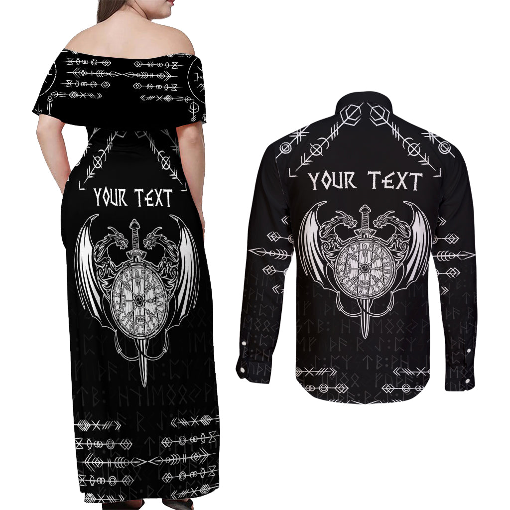 Personalized Viking Dragon Couples Matching Off Shoulder Maxi Dress and Long Sleeve Button Shirt with Sword Black Scandinavian Tattoo LT9 - Wonder Print Shop