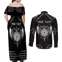Personalized Viking Dragon Couples Matching Off Shoulder Maxi Dress and Long Sleeve Button Shirt with Sword Black Scandinavian Tattoo LT9 - Wonder Print Shop