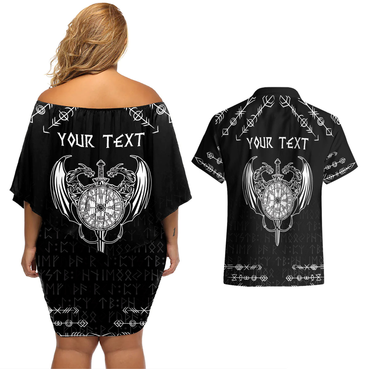 Personalized Viking Dragon Couples Matching Off Shoulder Short Dress and Hawaiian Shirt with Sword Black Scandinavian Tattoo LT9 - Wonder Print Shop