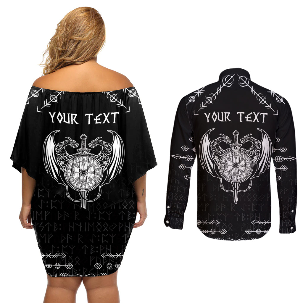 Personalized Viking Dragon Couples Matching Off Shoulder Short Dress and Long Sleeve Button Shirt with Sword Black Scandinavian Tattoo LT9 - Wonder Print Shop