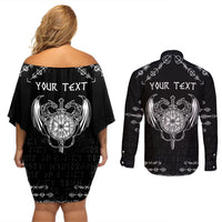 Personalized Viking Dragon Couples Matching Off Shoulder Short Dress and Long Sleeve Button Shirt with Sword Black Scandinavian Tattoo LT9 - Wonder Print Shop