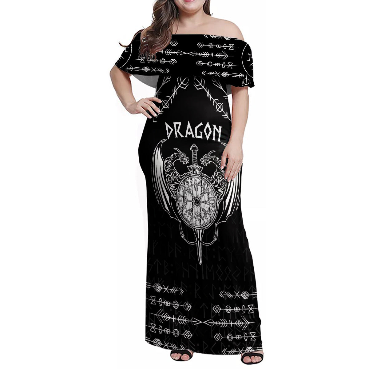 Personalized Viking Dragon Family Matching Off Shoulder Maxi Dress and Hawaiian Shirt with Sword Black Scandinavian Tattoo LT9 - Wonder Print Shop
