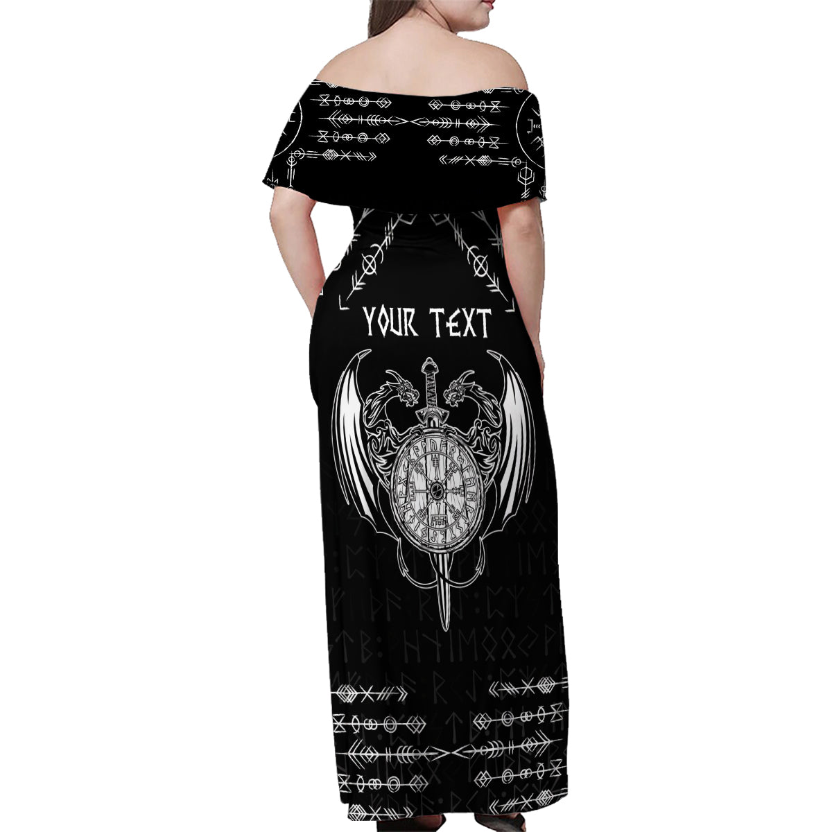 Personalized Viking Dragon Family Matching Off Shoulder Maxi Dress and Hawaiian Shirt with Sword Black Scandinavian Tattoo LT9 - Wonder Print Shop