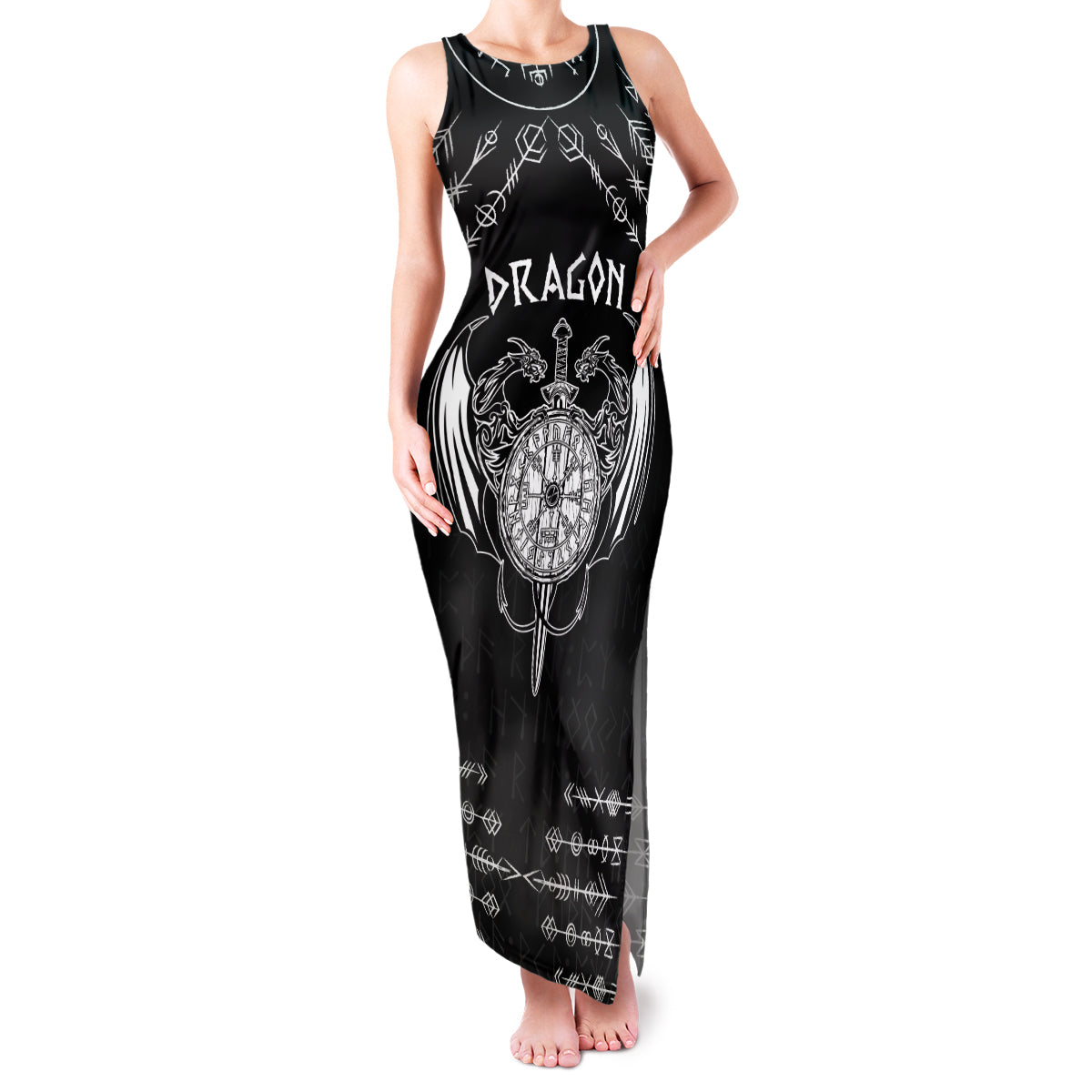 Personalized Viking Dragon Family Matching Tank Maxi Dress and Hawaiian Shirt with Sword Black Scandinavian Tattoo - Wonder Print Shop