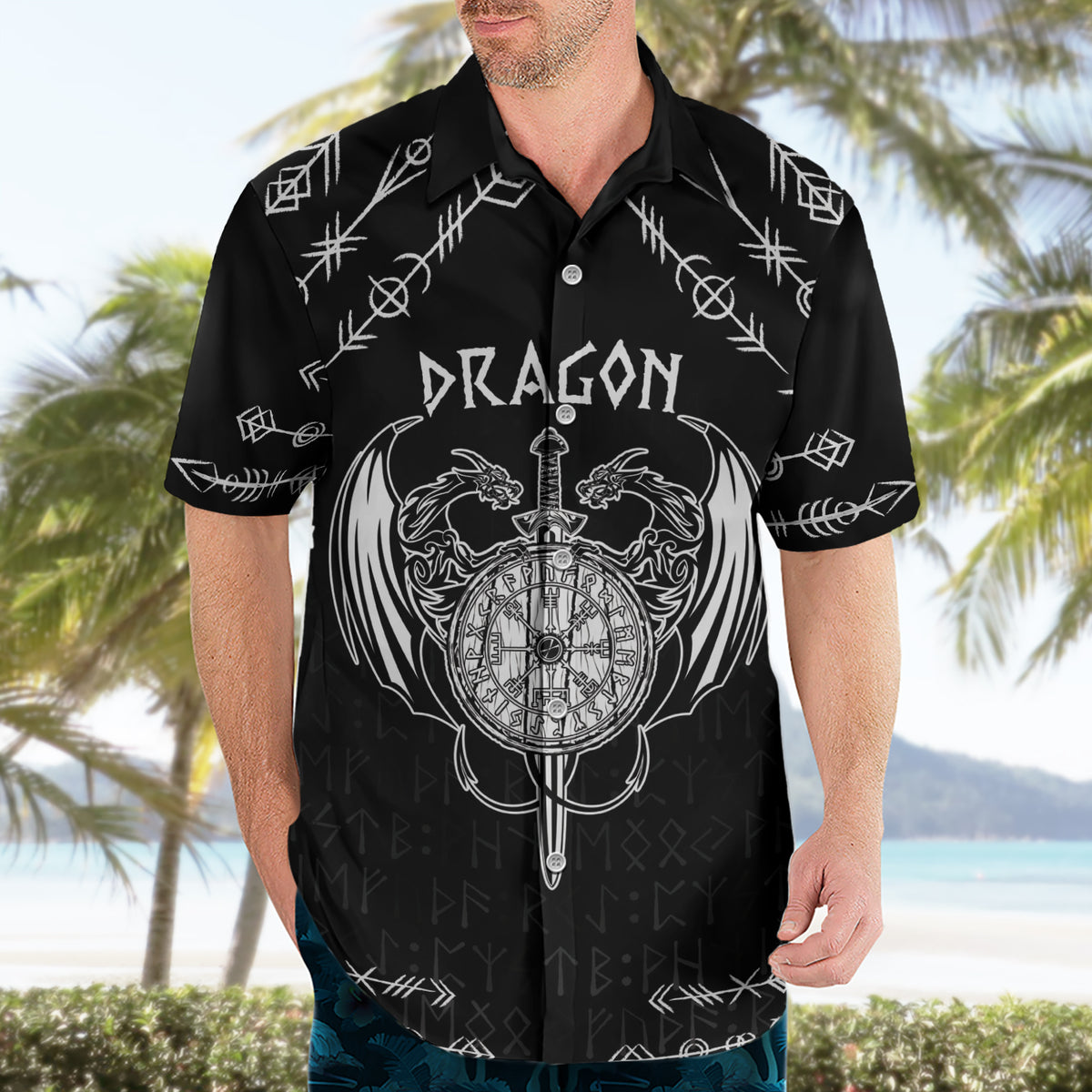 Personalized Viking Dragon Hawaiian Shirt with Sword Black Scandinavian Tattoo - Wonder Print Shop
