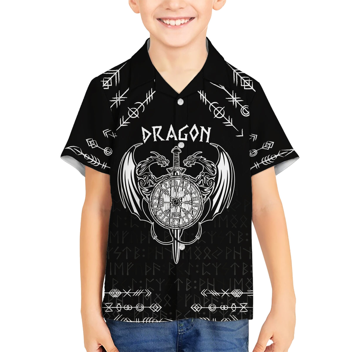 Personalized Viking Dragon Hawaiian Shirt with Sword Black Scandinavian Tattoo - Wonder Print Shop