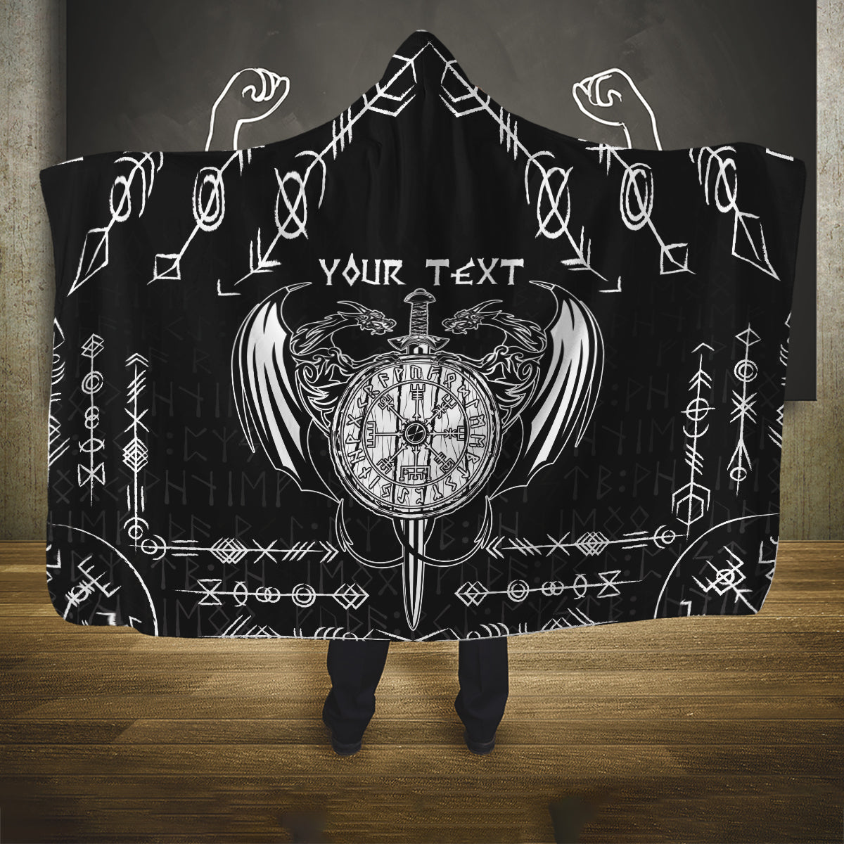 Personalized Viking Dragon Hooded Blanket with Sword Black Scandinavian Tattoo