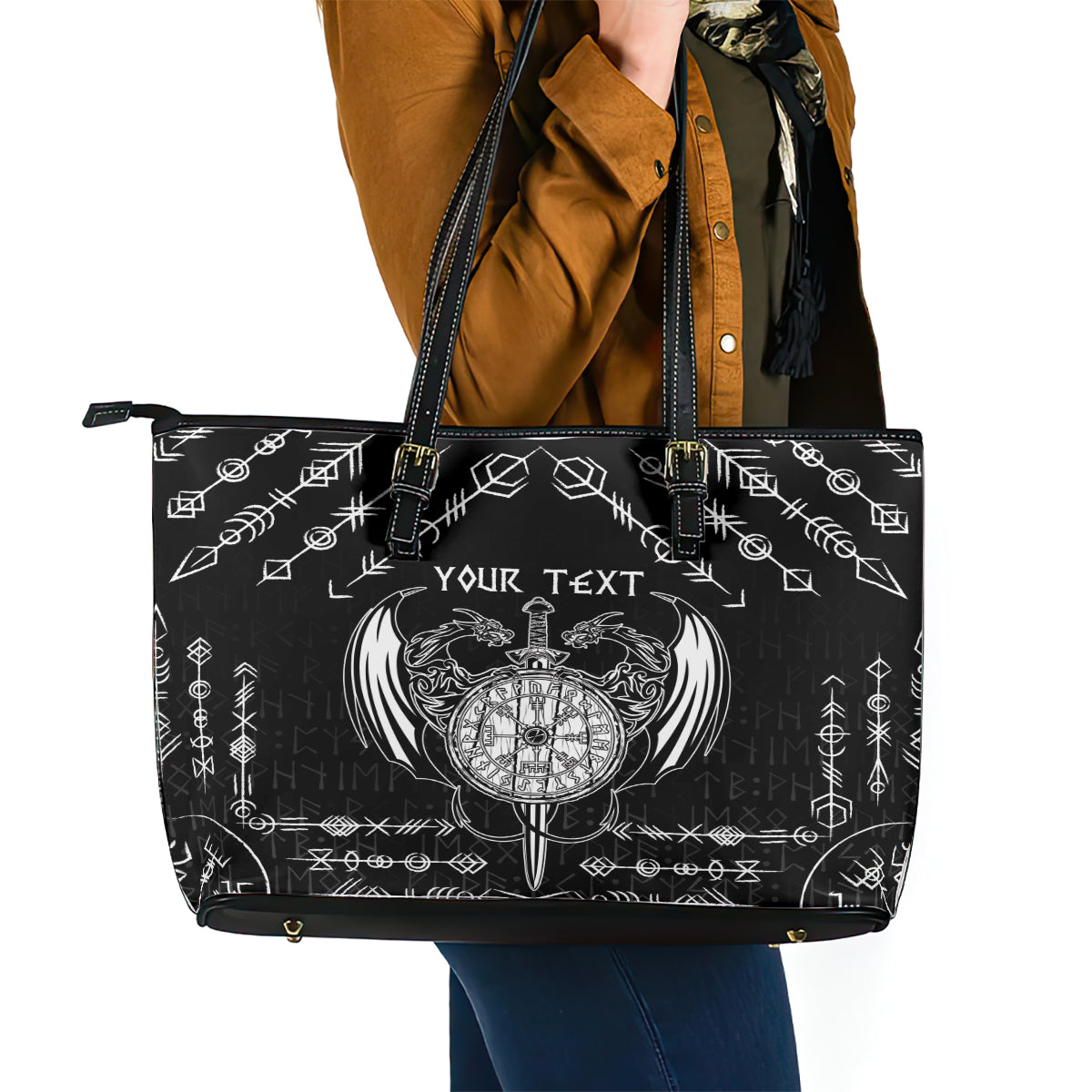 Personalized Viking Dragon Leather Tote Bag with Sword Black Scandinavian Tattoo - Wonder Print Shop