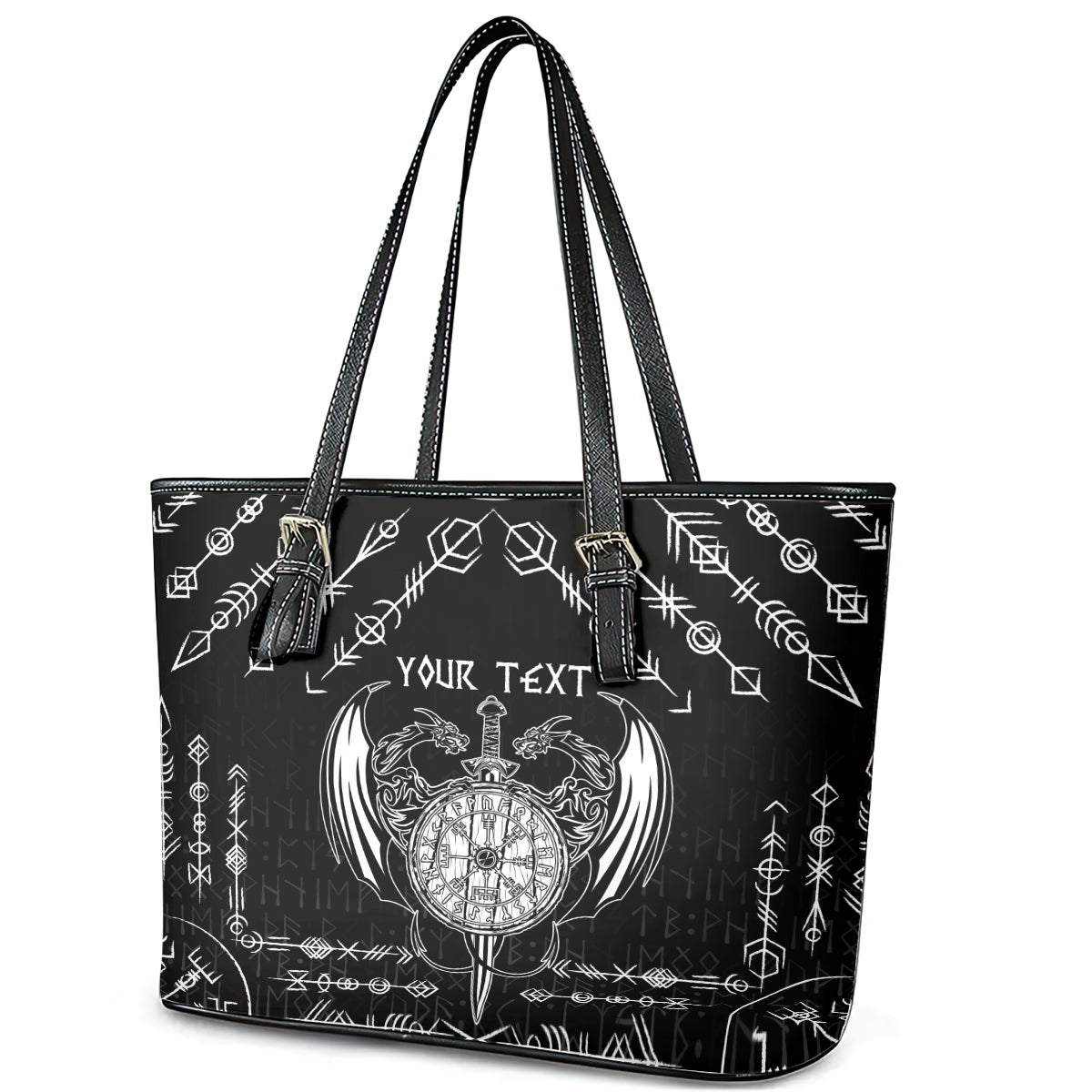 Personalized Viking Dragon Leather Tote Bag with Sword Black Scandinavian Tattoo - Wonder Print Shop