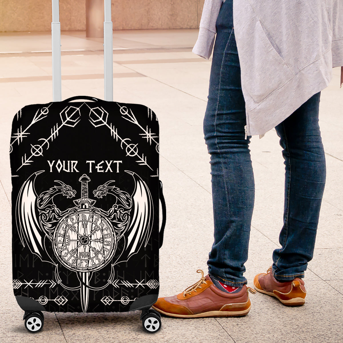 Personalized Viking Dragon Luggage Cover with Sword Black Scandinavian Tattoo