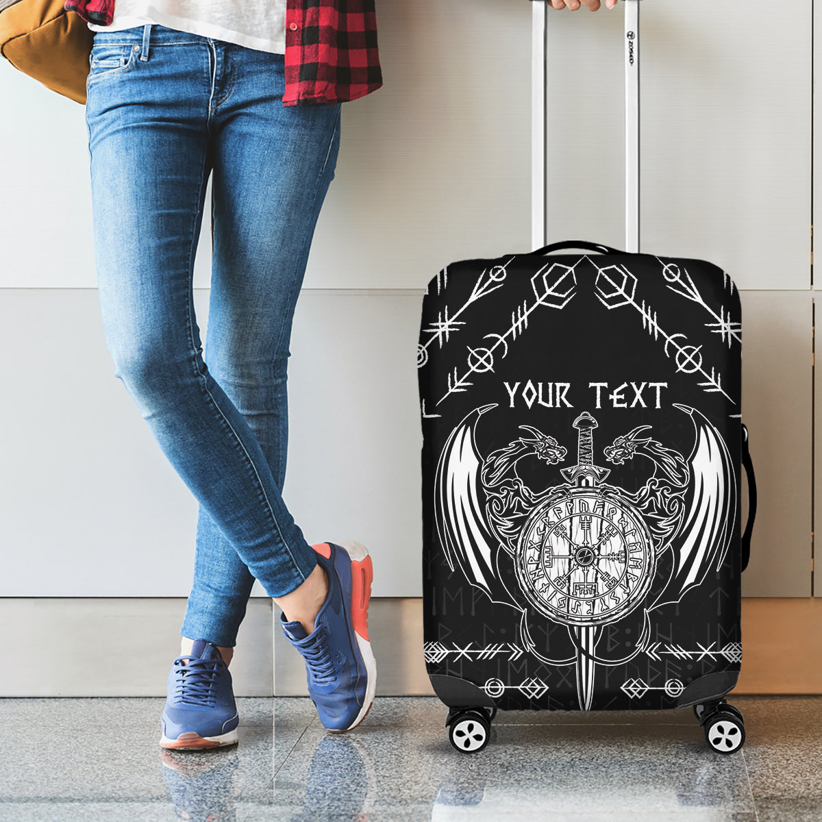 Personalized Viking Dragon Luggage Cover with Sword Black Scandinavian Tattoo - Wonder Print Shop