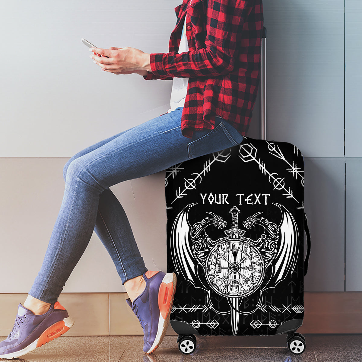 Personalized Viking Dragon Luggage Cover with Sword Black Scandinavian Tattoo - Wonder Print Shop