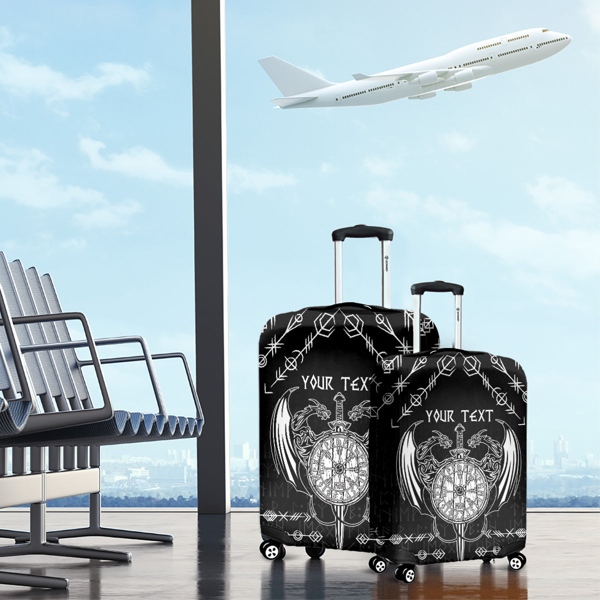 Personalized Viking Dragon Luggage Cover with Sword Black Scandinavian Tattoo - Wonder Print Shop