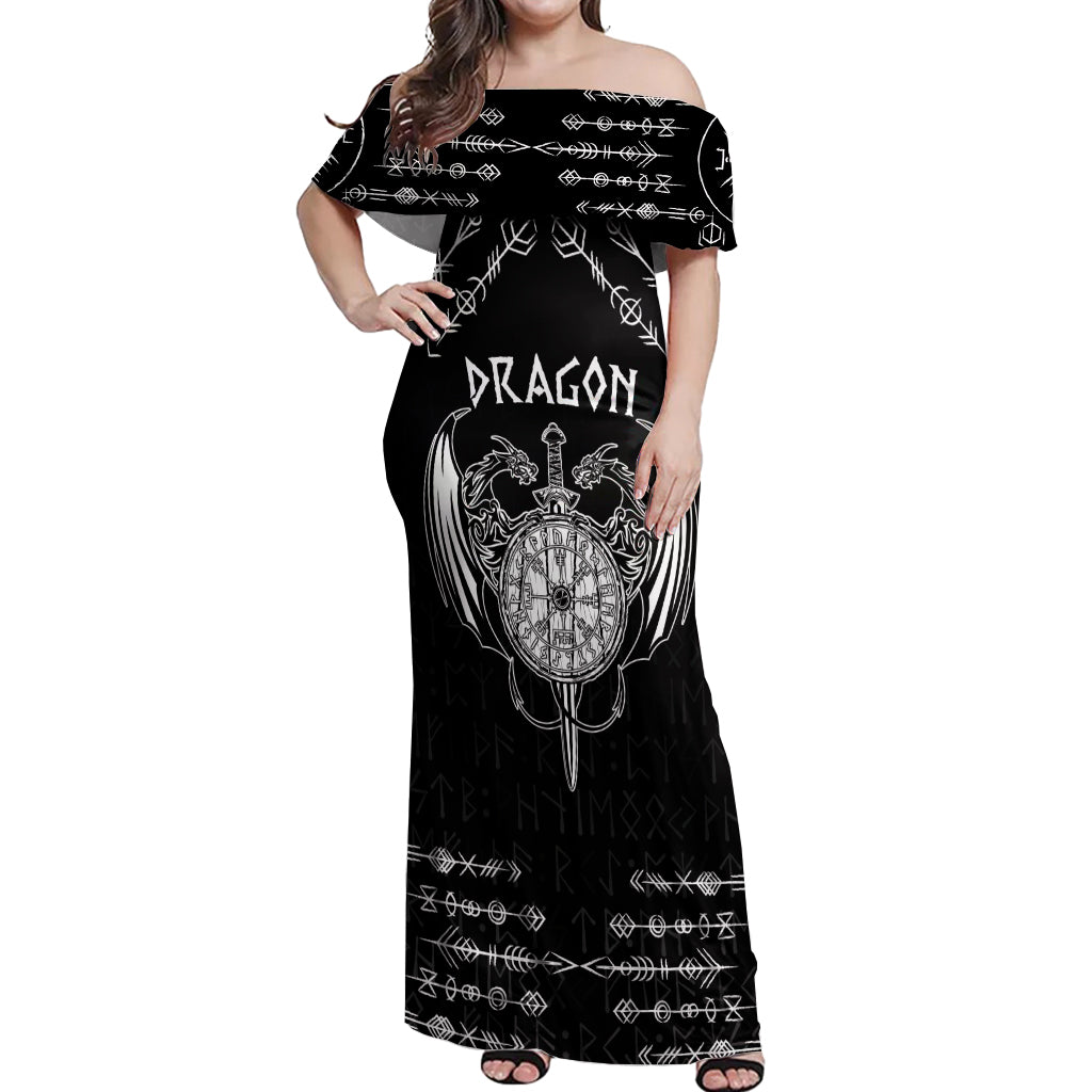 Personalized Viking Dragon Off Shoulder Maxi Dress with Sword Black Scandinavian Tattoo - Wonder Print Shop